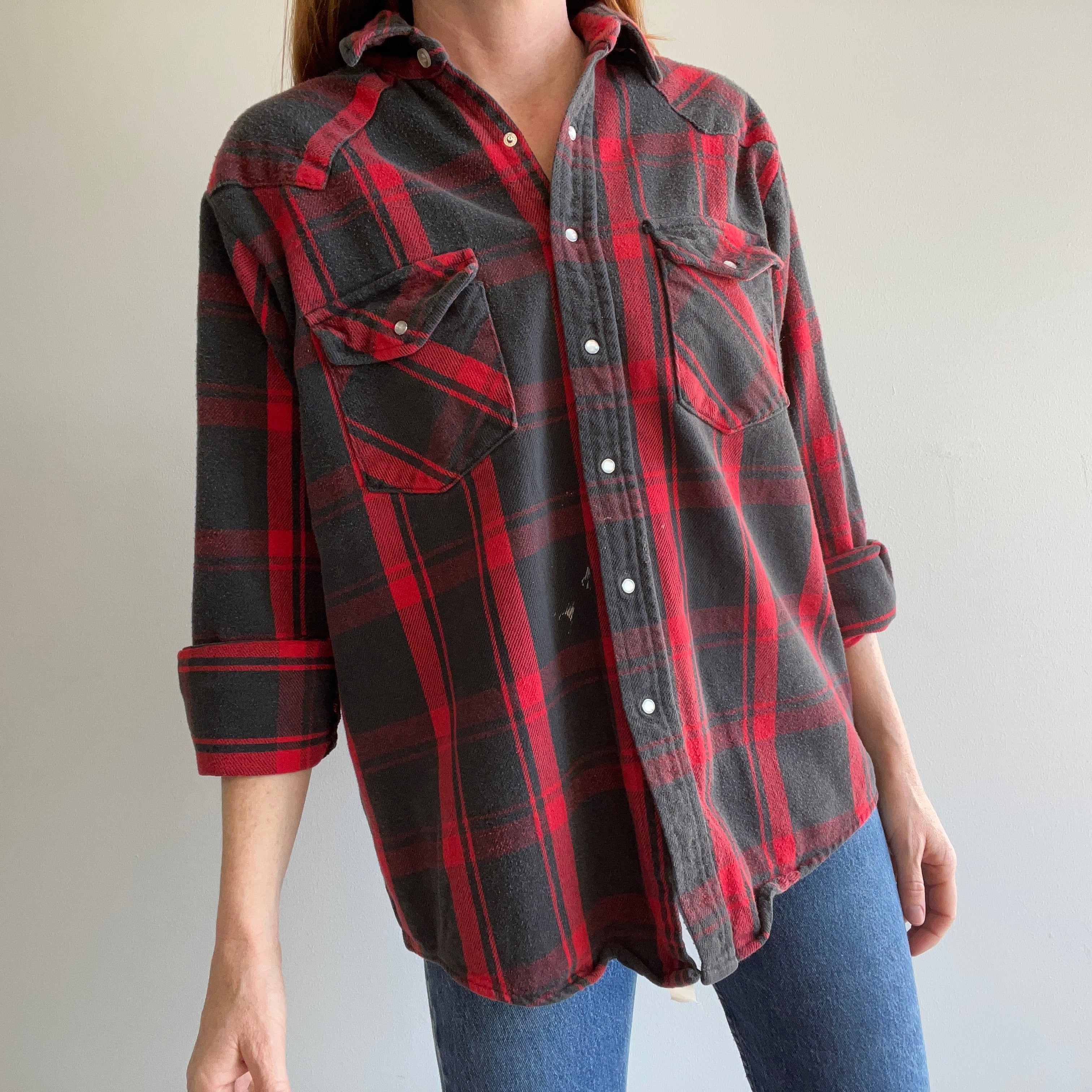 1980s Buffalo Plaid Cowboy Snap Front Flanelle