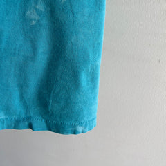 1990/2000s Bleach Stained and Tattered Teal Pocket T-Shirt