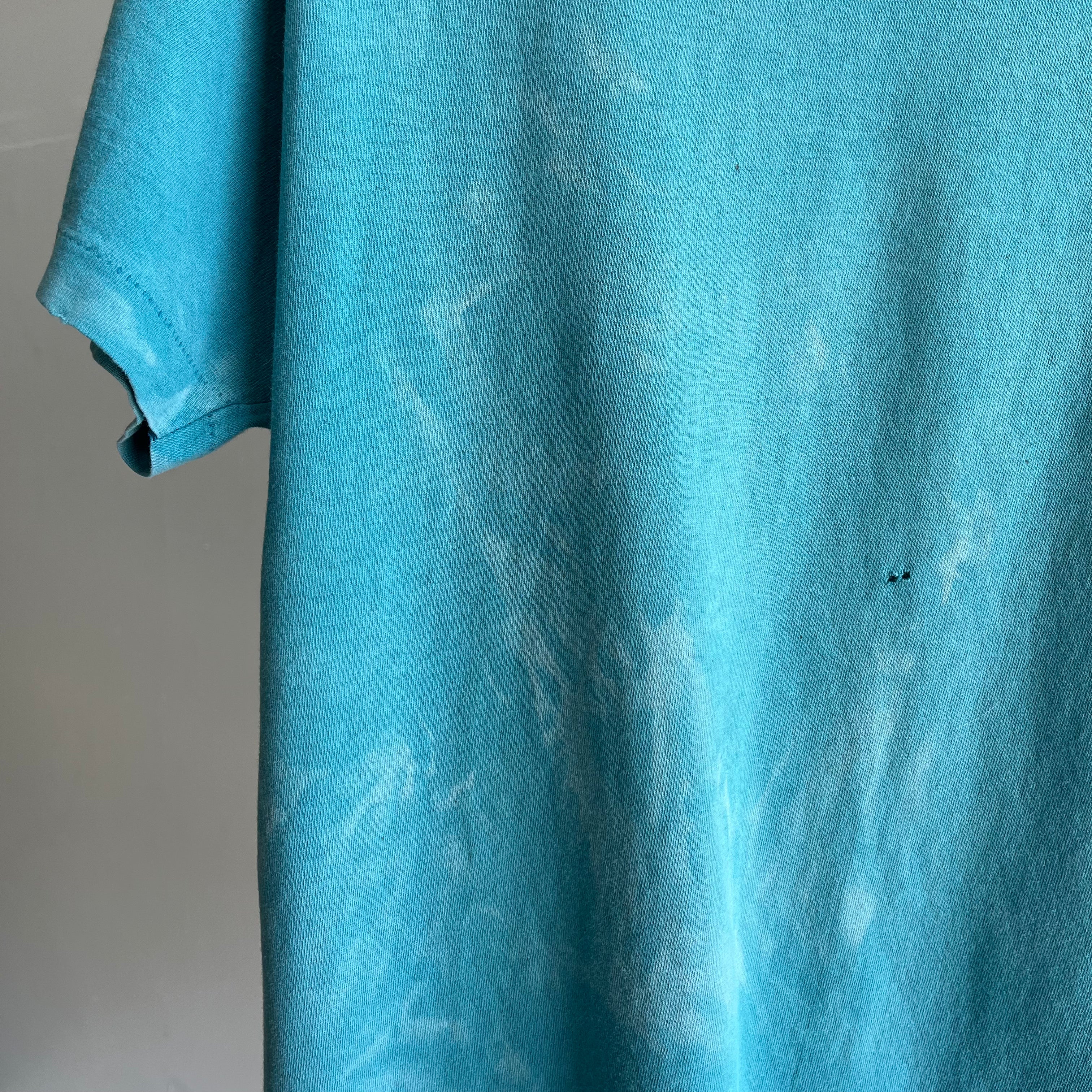 1990/2000s Bleach Stained and Tattered Teal Pocket T-Shirt