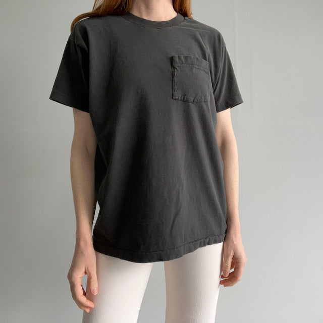 T-shirt de poche noir vierge délavé FOTL des années 1980 - point unique