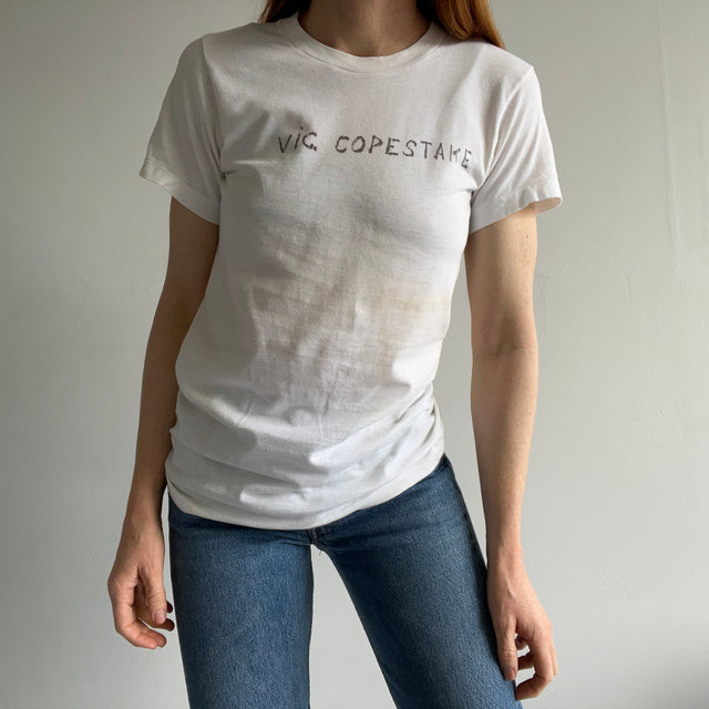 1970s Aged Stained Sharpie Off Centered "Vic Copestake" T-Shirt