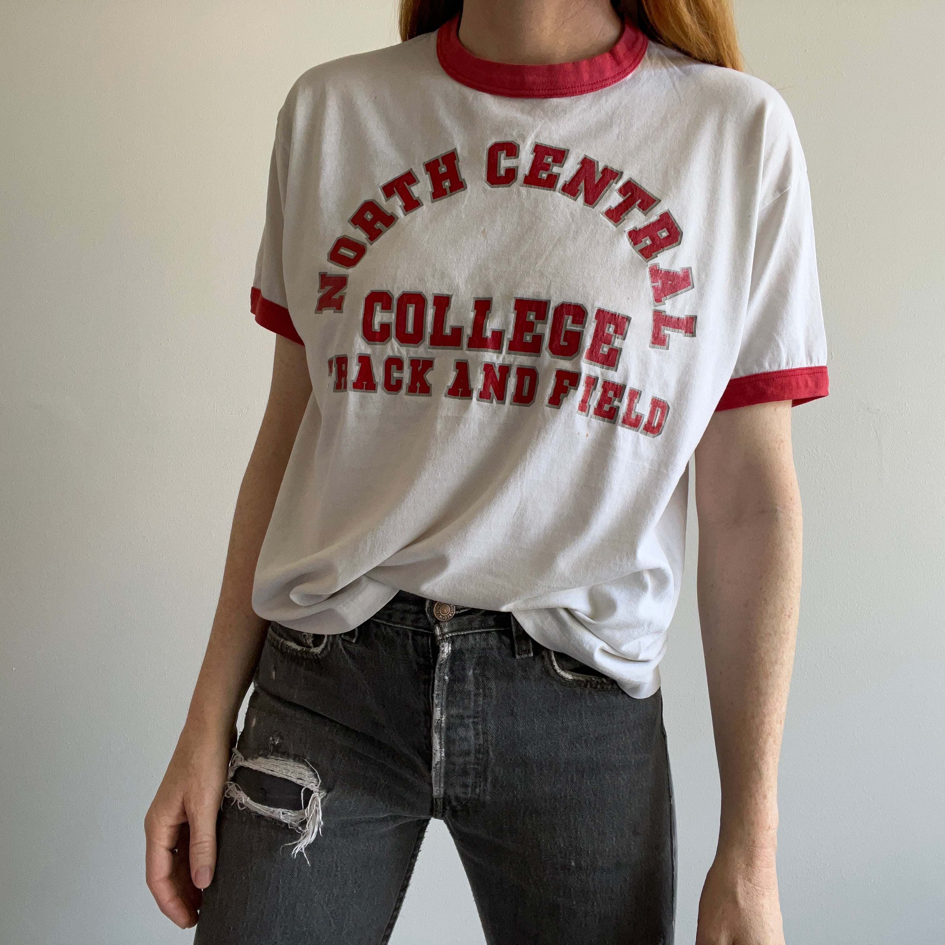 1980s North Central College Track and Field by Tee Jays Ring T-Shirt