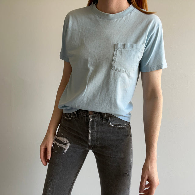GG 1980s Super Faded and Stained Light Baby Blue Cotton Pocket T-Shirt