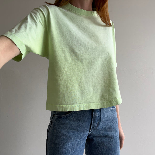 1980s Sun Faded Neon Green Cotton Crop T-Shirt by Anvil