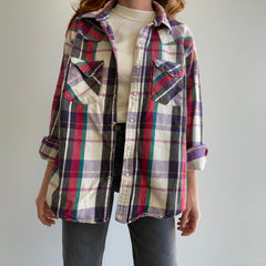 1980s Soft Magenta and Purple Cotton Cowboy Snap Front Flannel by Five Brothers