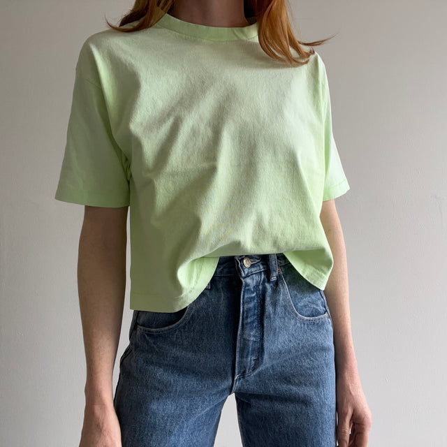 1980s Sun Faded Neon Green Cotton Crop T-Shirt by Anvil