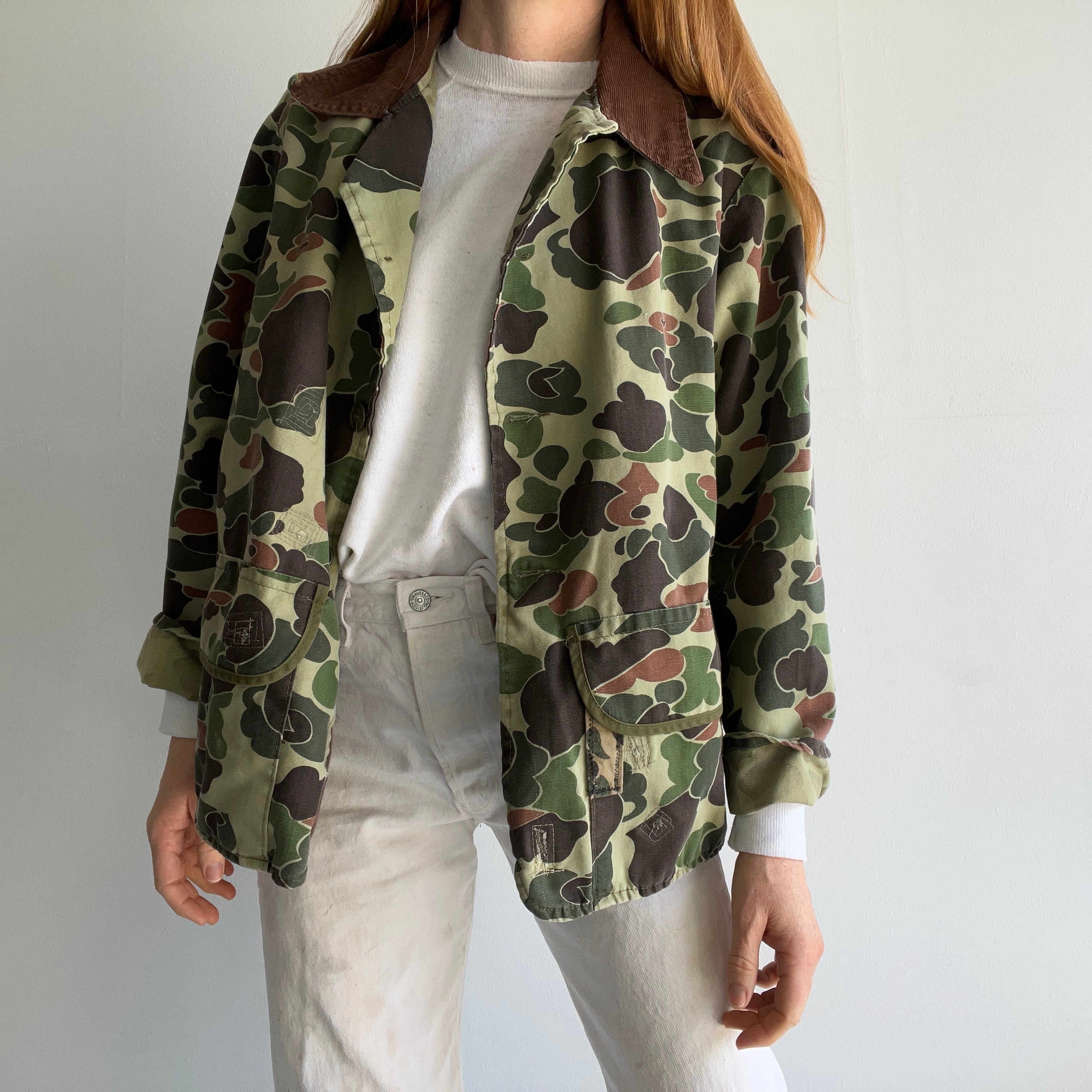 1970s Mended Epic Camo Duck Hunting Chore Coat with Plaid Lining
