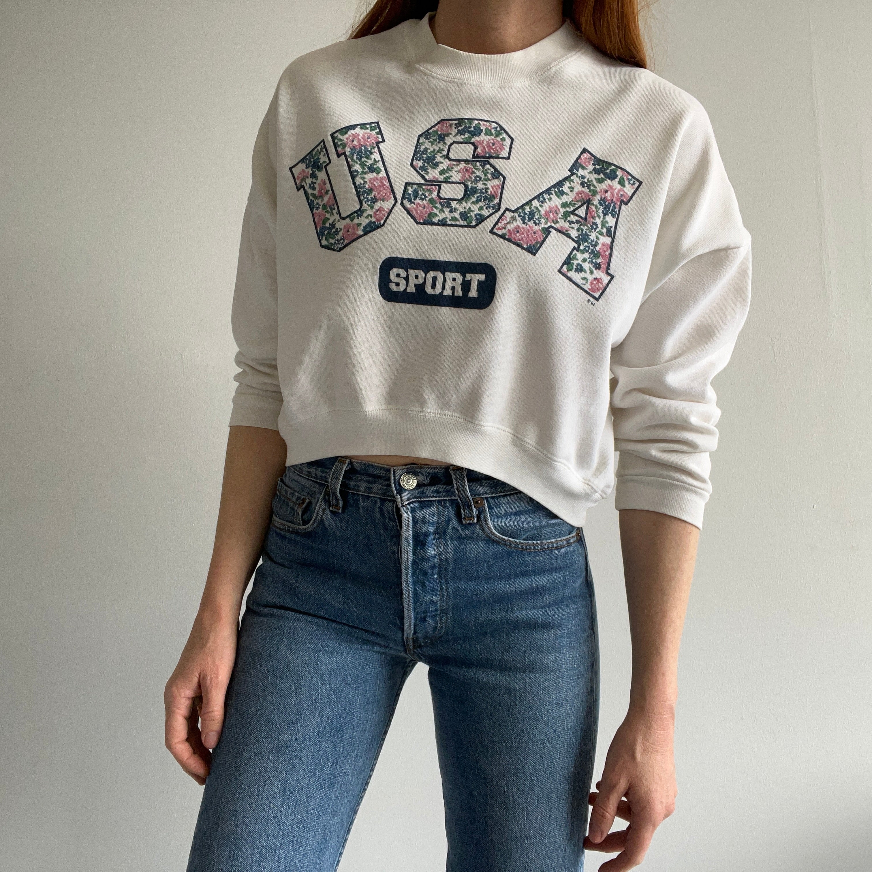 1994 Sweat-shirt court à fleurs USA