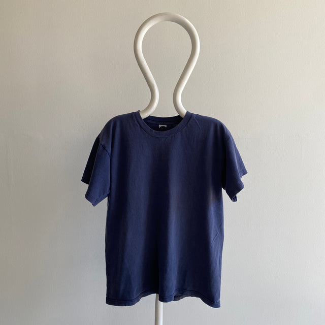 T-shirt en coton bleu marine délavé des années 1990 - Grandes manches blousantes