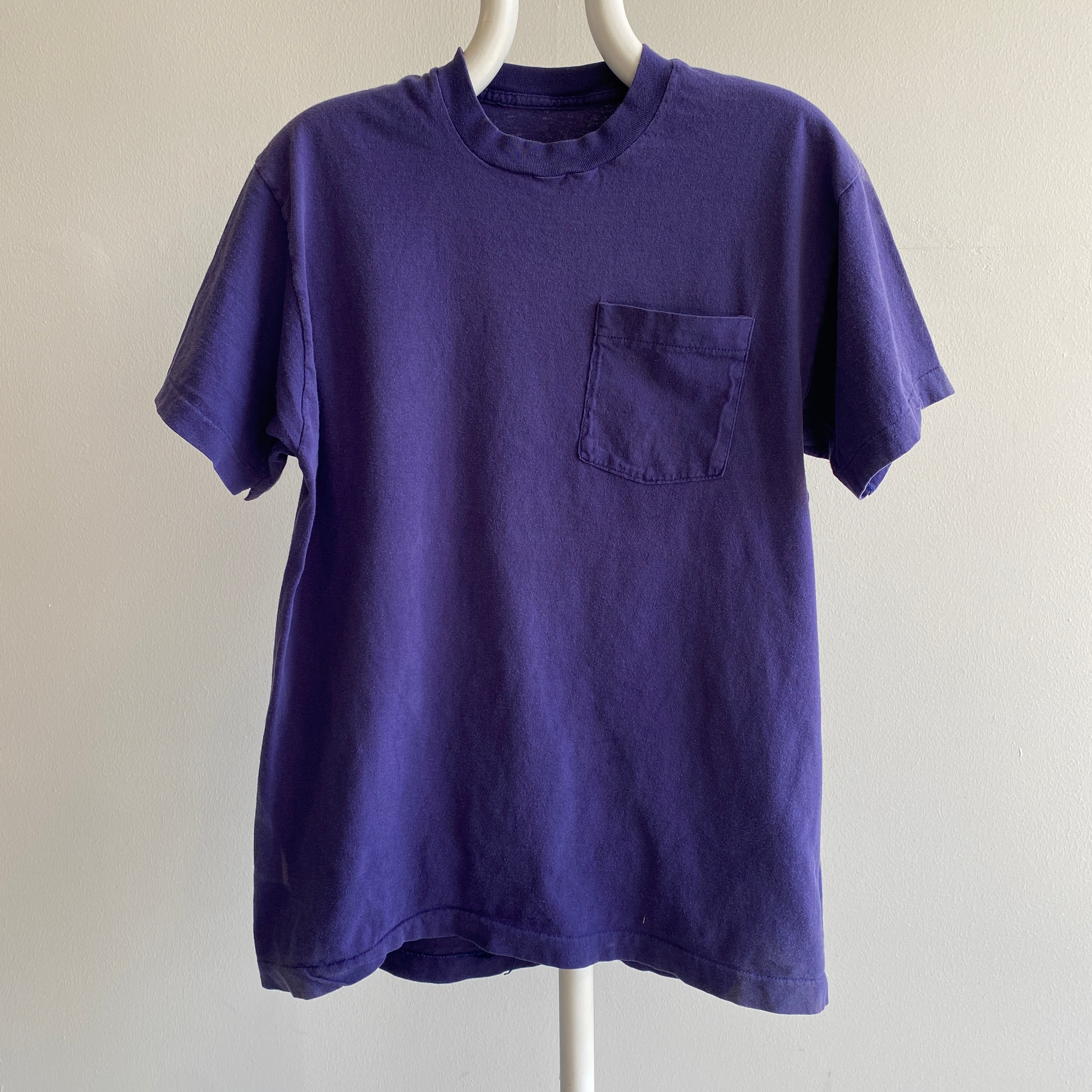 1980s Sun Faded Navy/Purple Blank Cotton Triangle Pocket T-Shirt