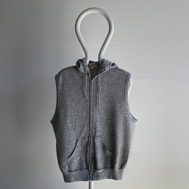 1970s Paint Stained Gray Zip Up Hoodie Vest by Sportswear