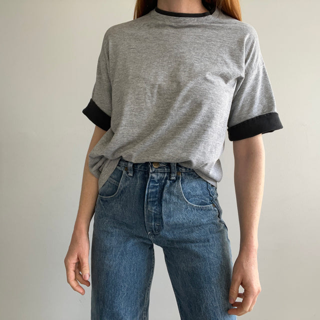 1990s Two Tone Contrast Roll Up Sleeve Gray and Black T-Shirt