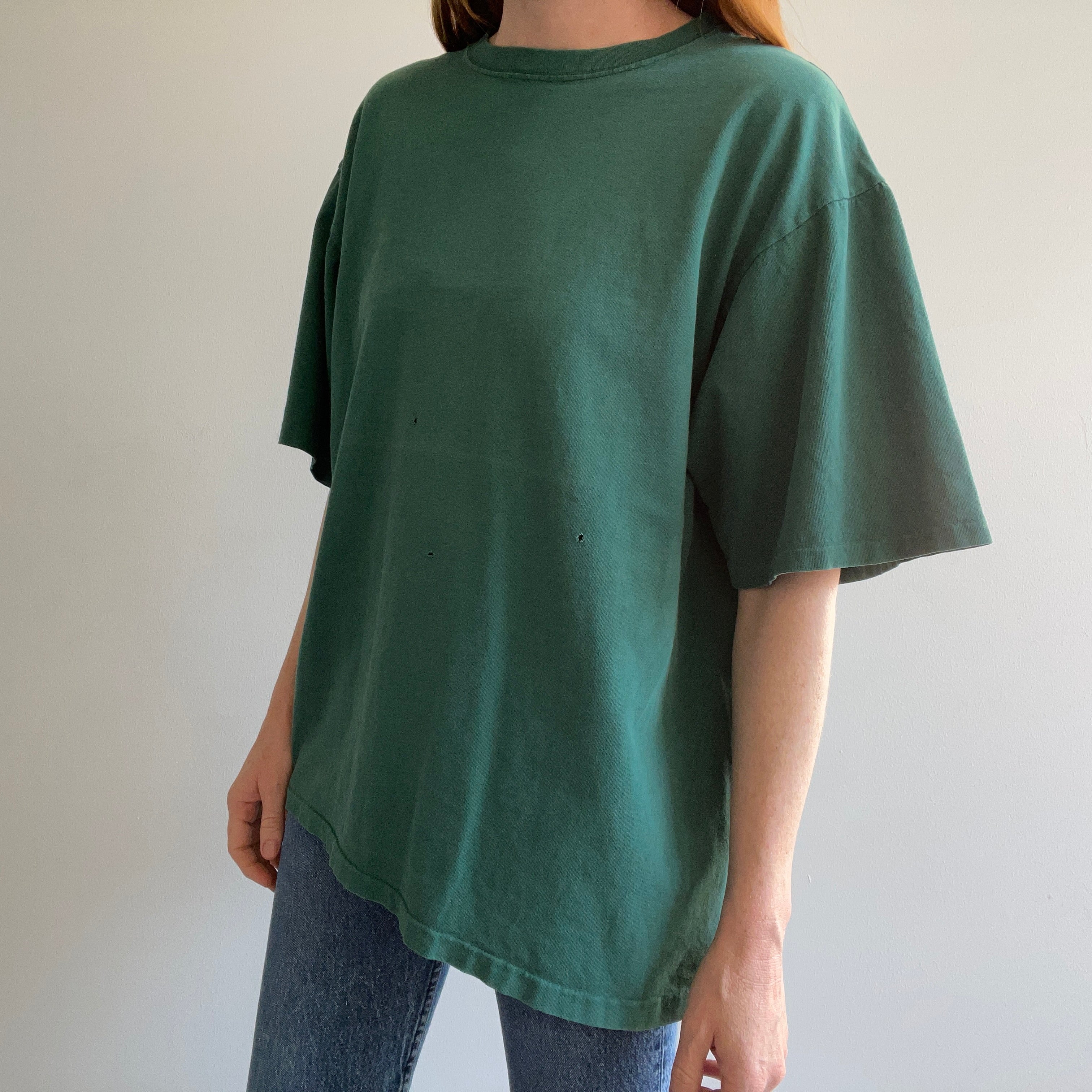 1990s Faded Blousy Sleeve Darn Green Cotton T-Shirt