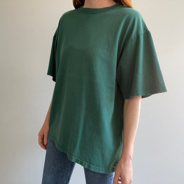 1990s Faded Blousy Sleeve Darn Green Cotton T-Shirt