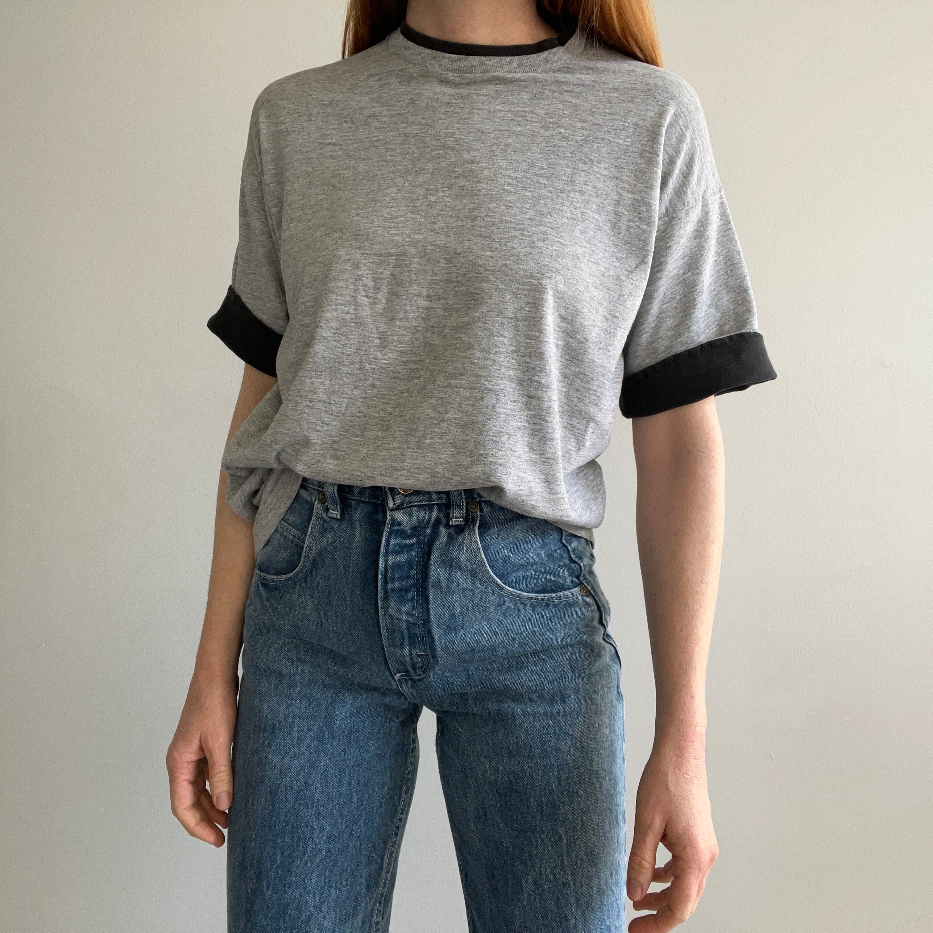 1990s Two Tone Contrast Roll Up Sleeve Gray and Black T-Shirt