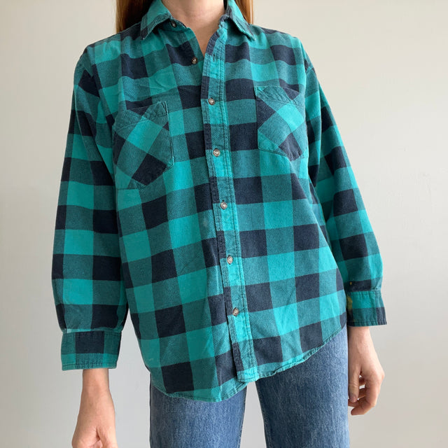 1990/2000s Teal Buffalo Plaid Paint Stained Cotton Flannel