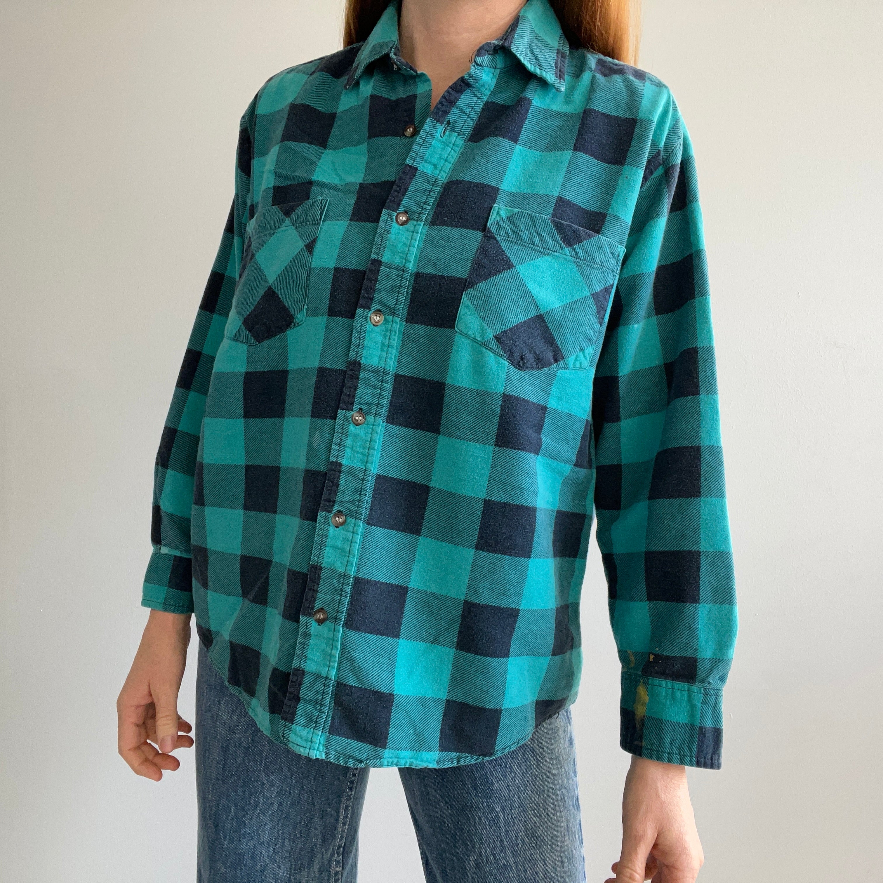 1990/2000s Teal Buffalo Plaid Paint Stained Cotton Flannel