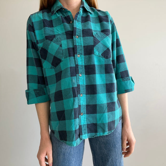 1990/2000s Teal Buffalo Plaid Paint Stained Cotton Flannel