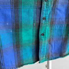 Flanelle de coton confortable des années 1990 cinq frères bleu et sarcelle/vert