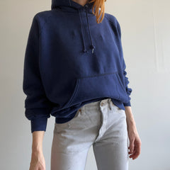 1980s Blank USA Made Navy Pullover Hoodie with Mending by Bassett Walker