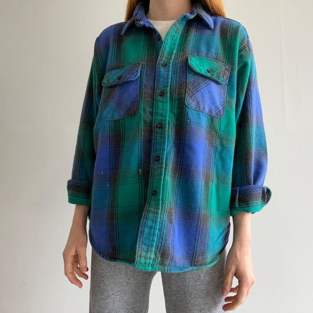 Flanelle de coton confortable des années 1990 cinq frères bleu et sarcelle/vert