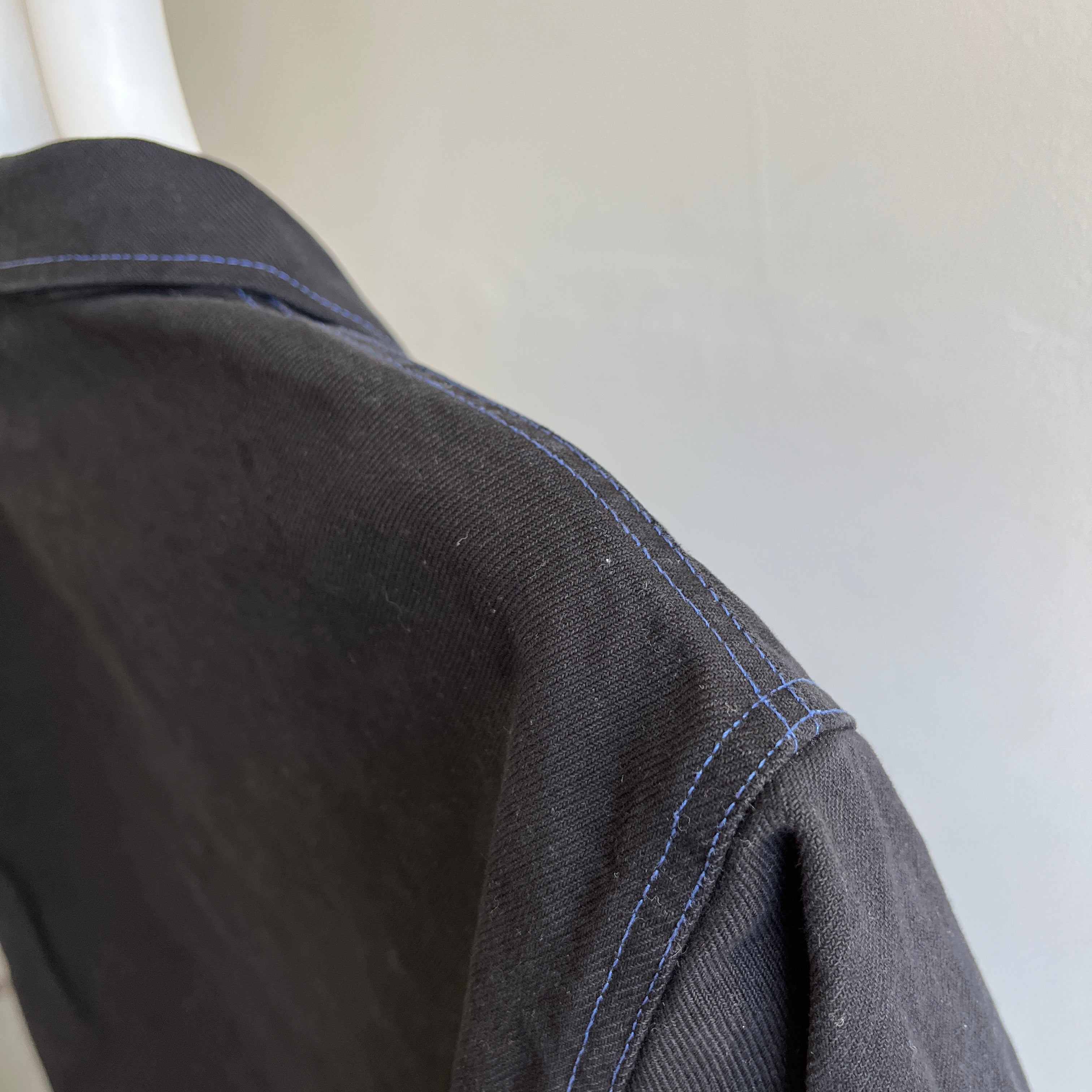 1990s Overdyed Black Chore Coat with Blue Stitching and Buttons