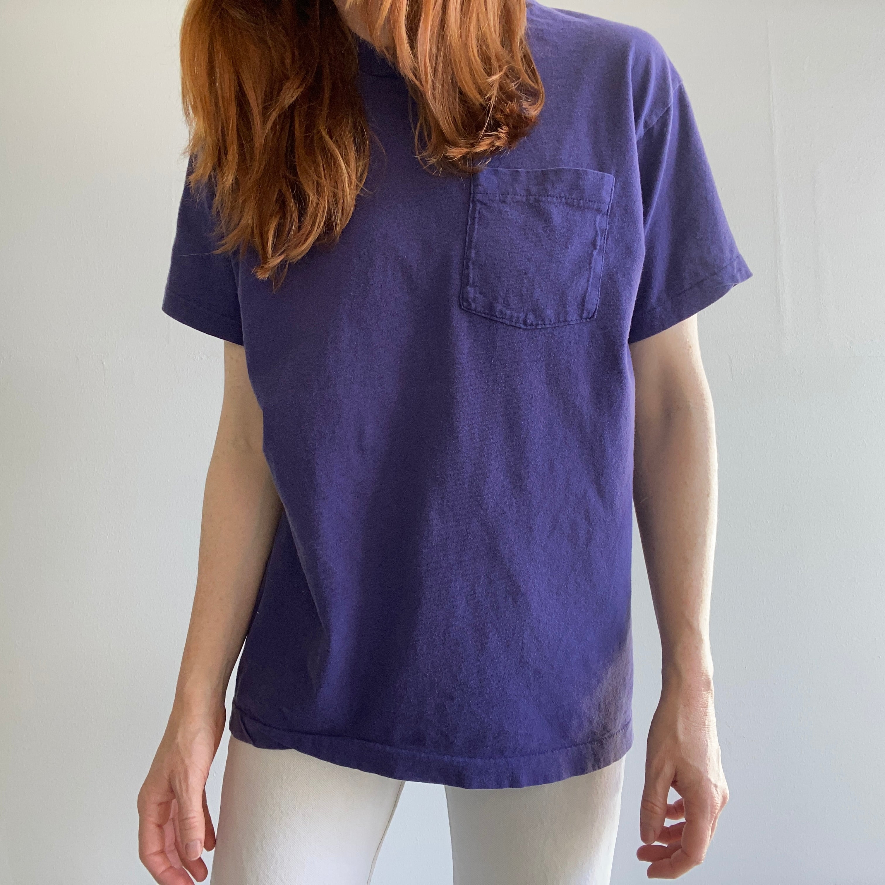 1980s Sun Faded Navy/Purple Blank Cotton Triangle Pocket T-Shirt