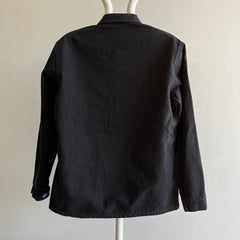 Manteau de corvée noir surteint des années 1990 avec coutures et boutons bleus