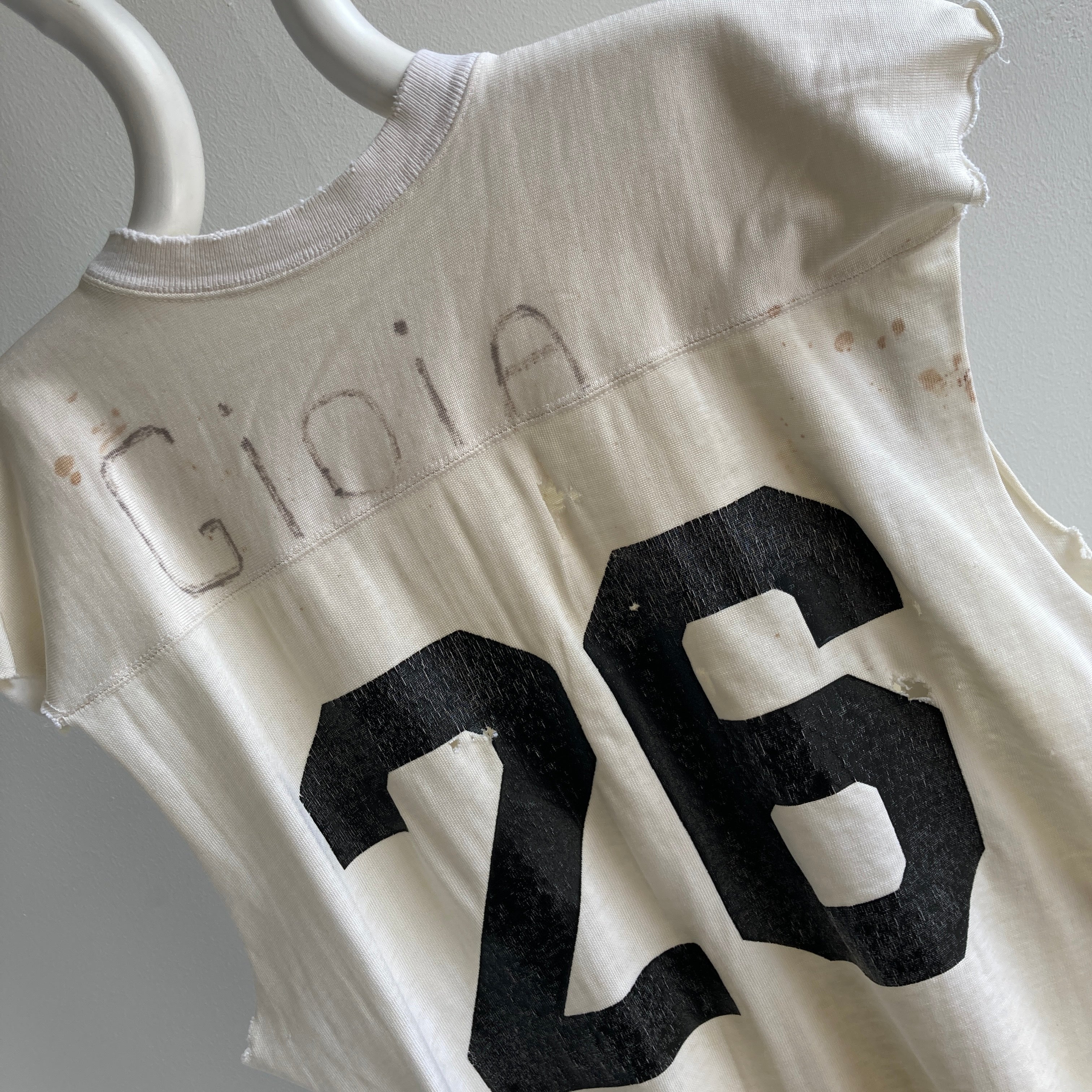70's Beat Up Stained + Cut Football Jersey With #26 And A Sharpied Name 