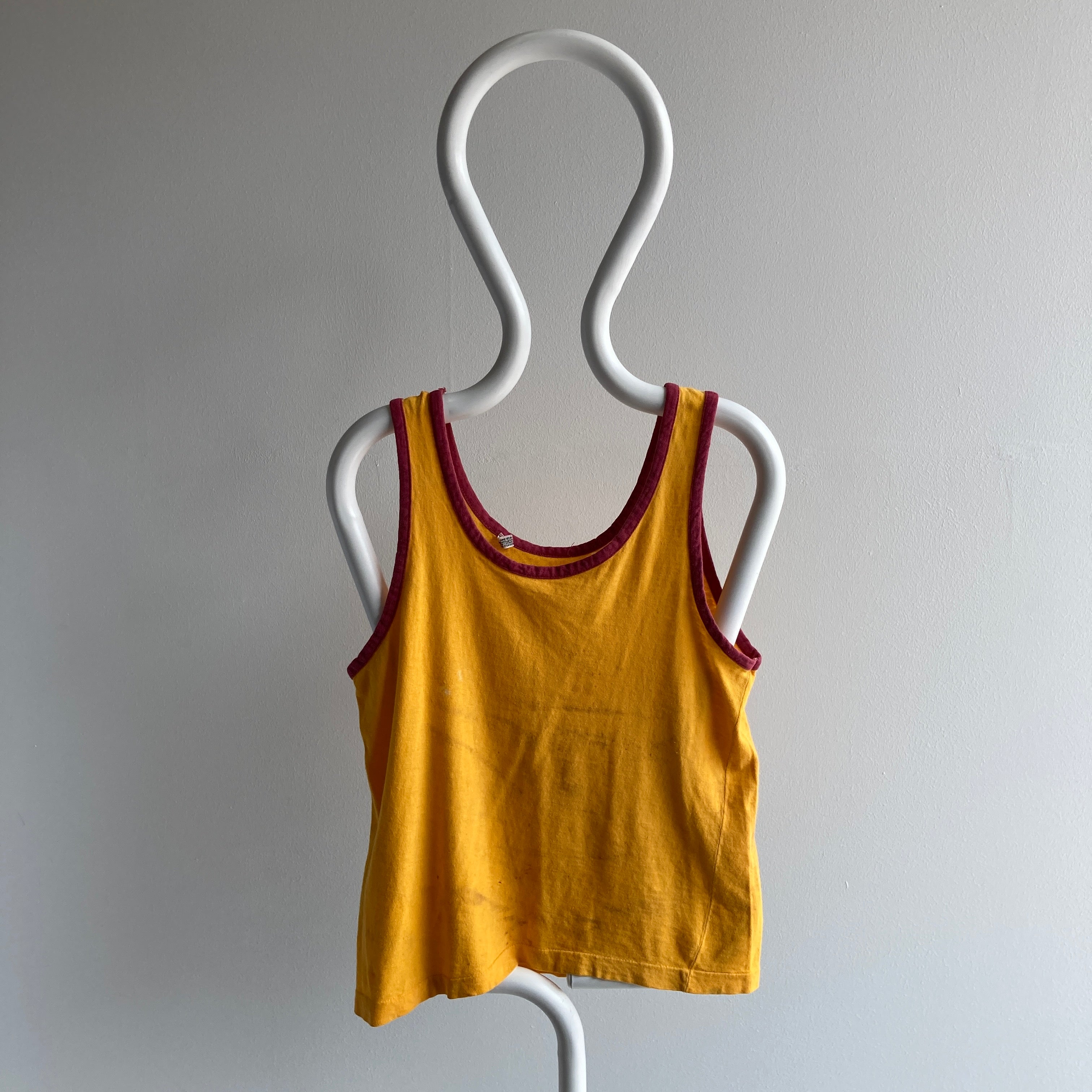 1970's Heavily Stained Marigold Yellow + Rust Piping - Super Soft + Worn Tank Top - Cotton