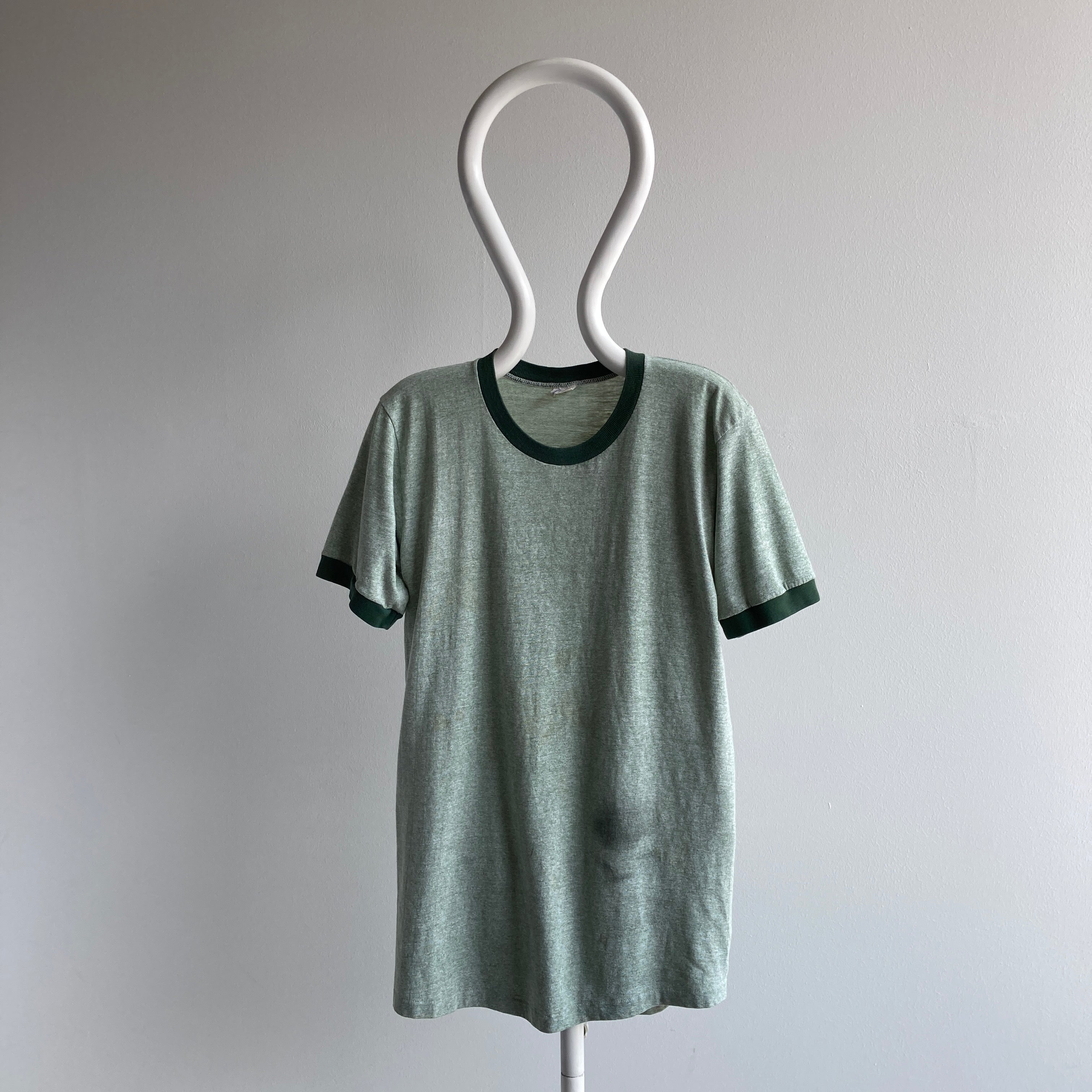 T-shirt à anneau vert chiné Towncraft fortement taché des années 1970