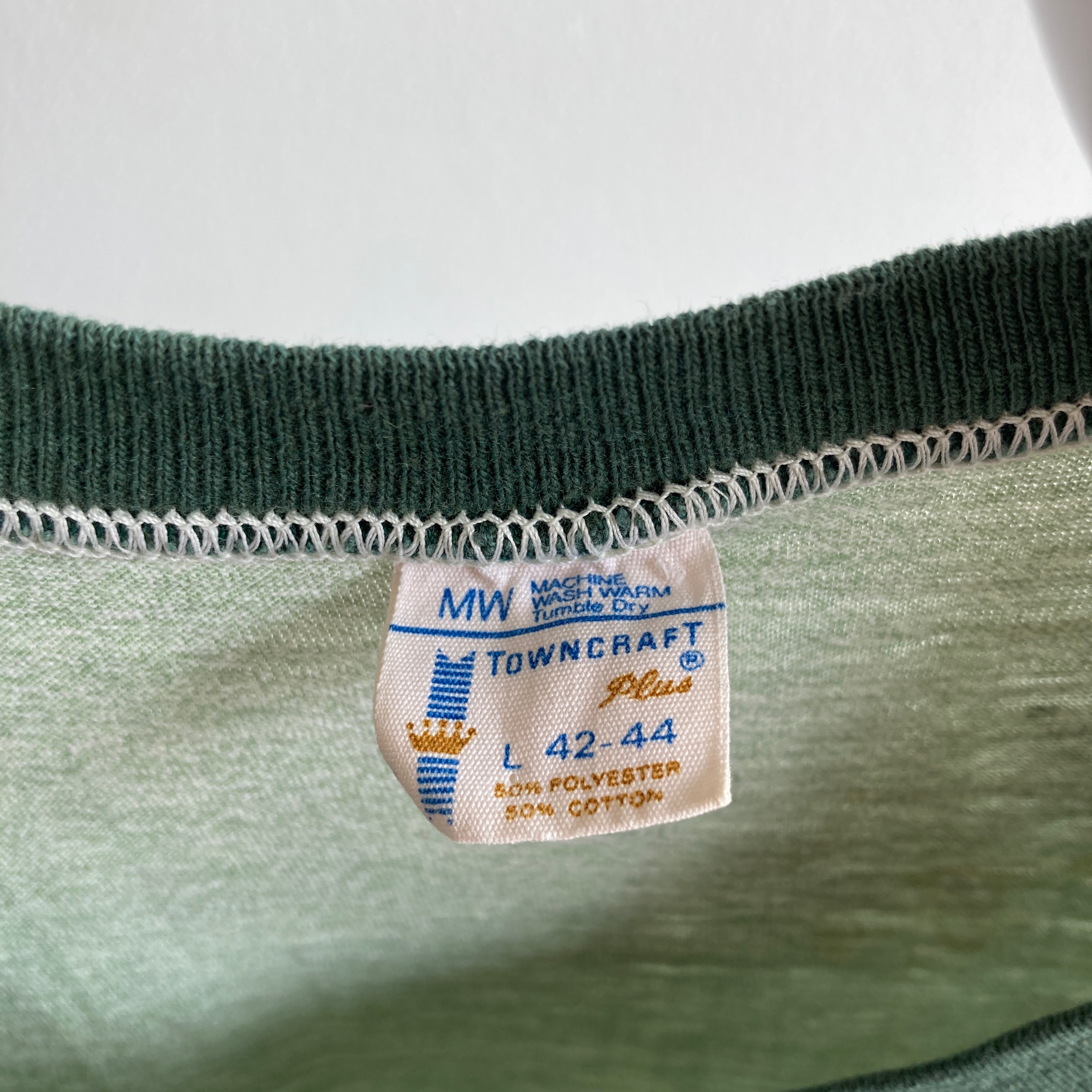 1970's Heavily Stained Towncraft Heather Green Ring Tee