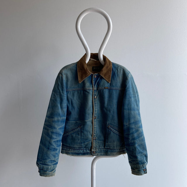 1970s Maverick Fleece Lined Corduroy Collar Soft, Worn and Stained Snap Denim Jacket