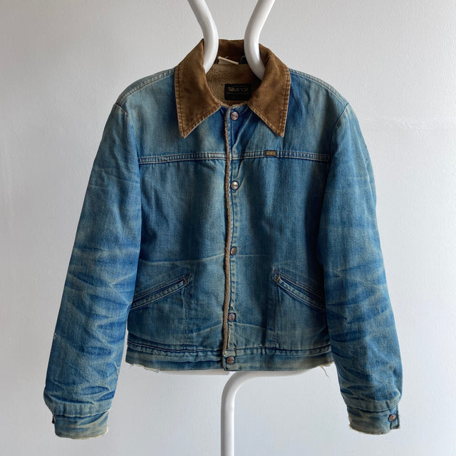1970s Maverick Fleece Lined Corduroy Collar Soft, Worn and Stained Snap Denim Jacket