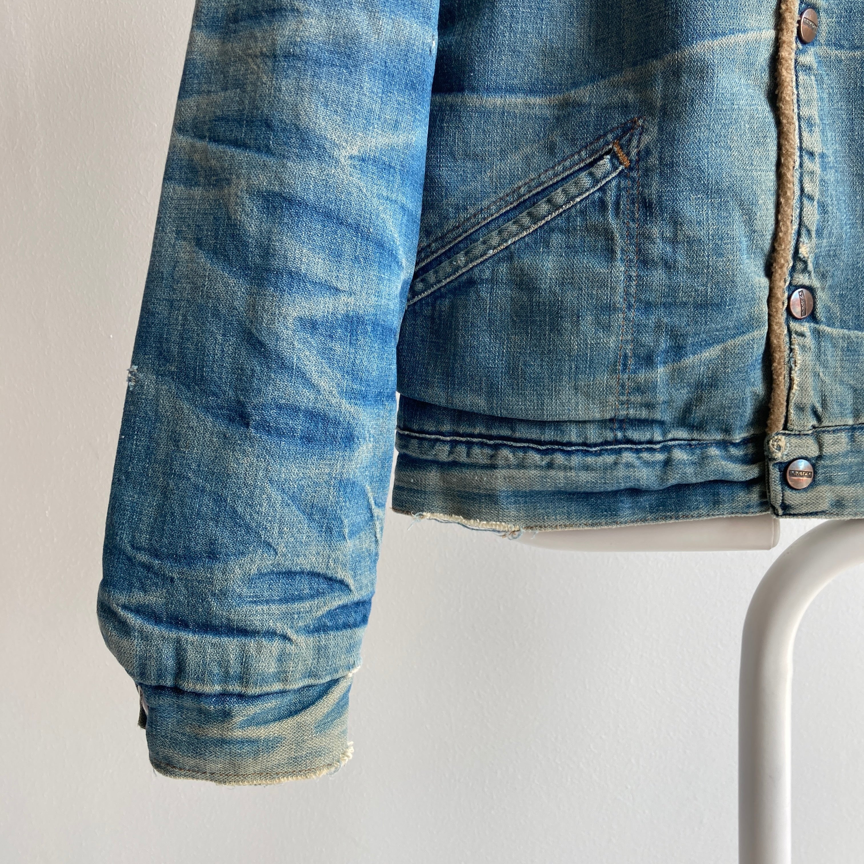 1970s Maverick Fleece Lined Corduroy Collar Soft, Worn and Stained Snap Denim Jacket