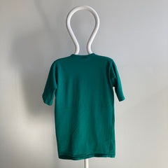 1980s Cotton Ribbed Collar Longer Short Sleeves Dark Green Teal Pocket T-Shirt