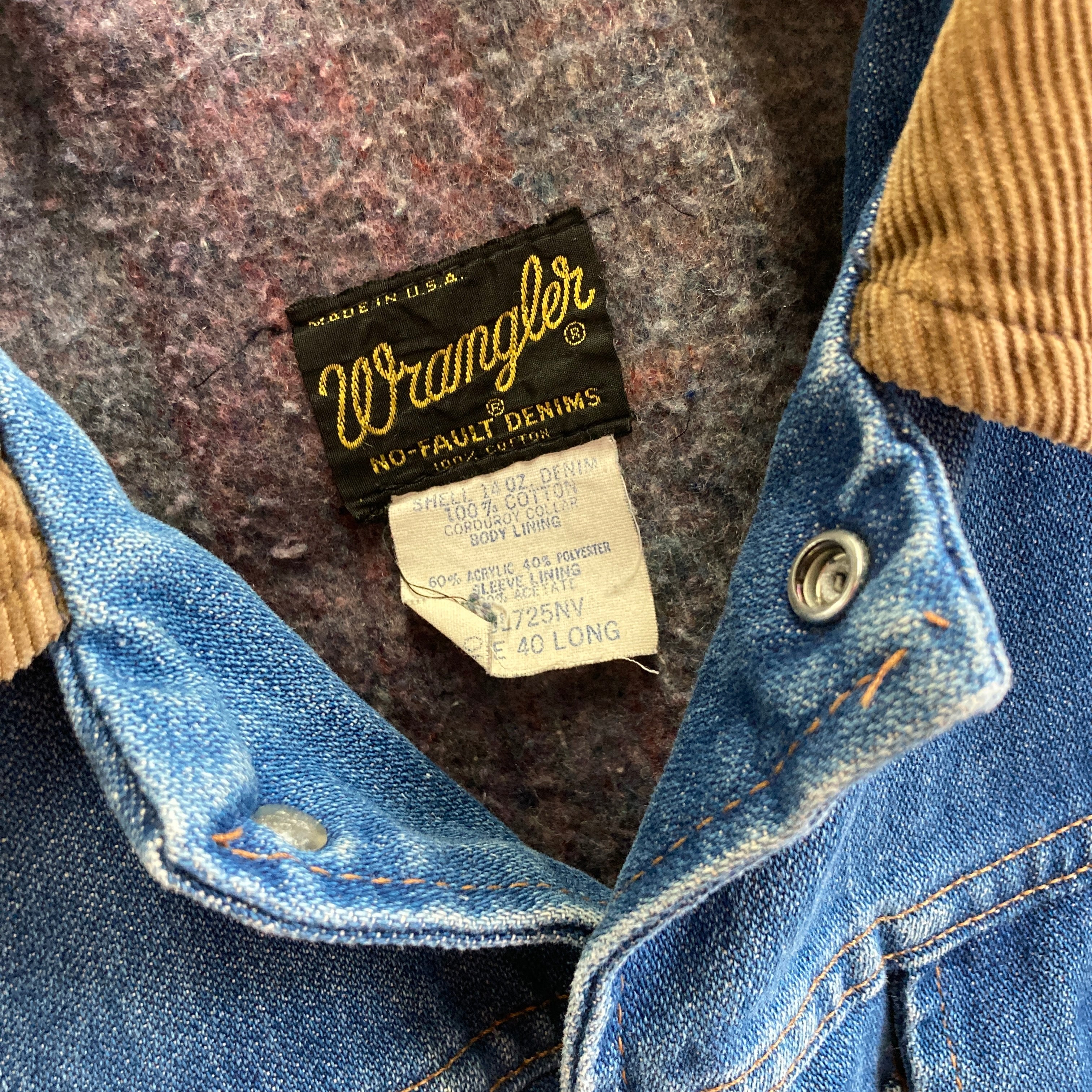 Veste en jean isolée à col en velours côtelé Wrangler des années 1970