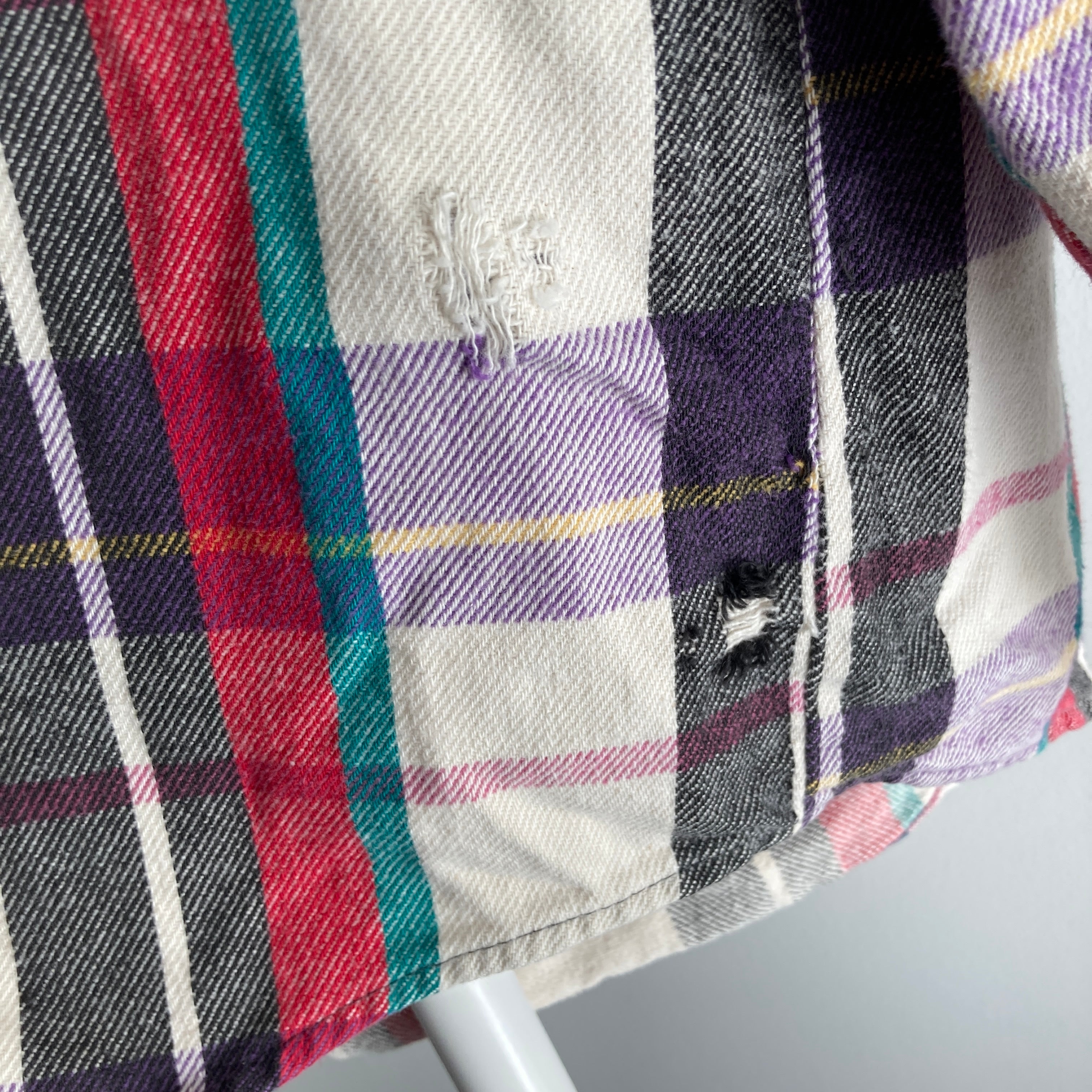 1980s Soft Magenta and Purple Cotton Cowboy Snap Front Flannel by Five Brothers