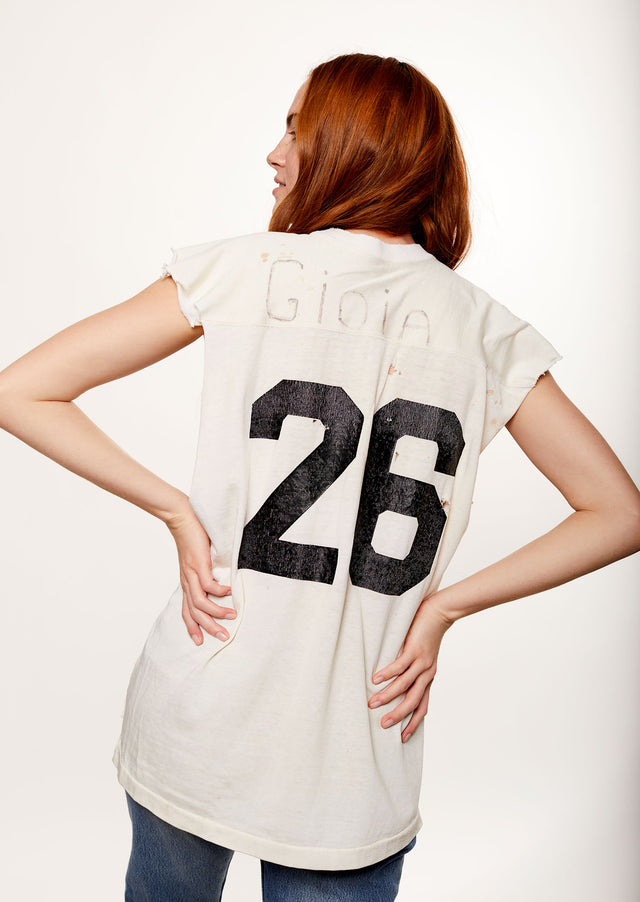 70's Beat Up Stained + Cut Football Jersey With #26 And A Sharpied Name "Gioia" On B Side