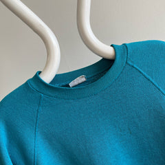 Sweat-shirt bleu sarcelle super usé, taché de peinture et fin des années 1980 par Lee