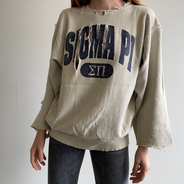 1990s Champion Brand BEYOND Thrashed Sigma PI Fraternity Sweatshirt -This is NUTS!