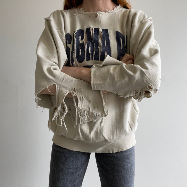 1990s Champion Brand BEYOND Thrashed Sigma PI Fraternity Sweatshirt -This is NUTS!