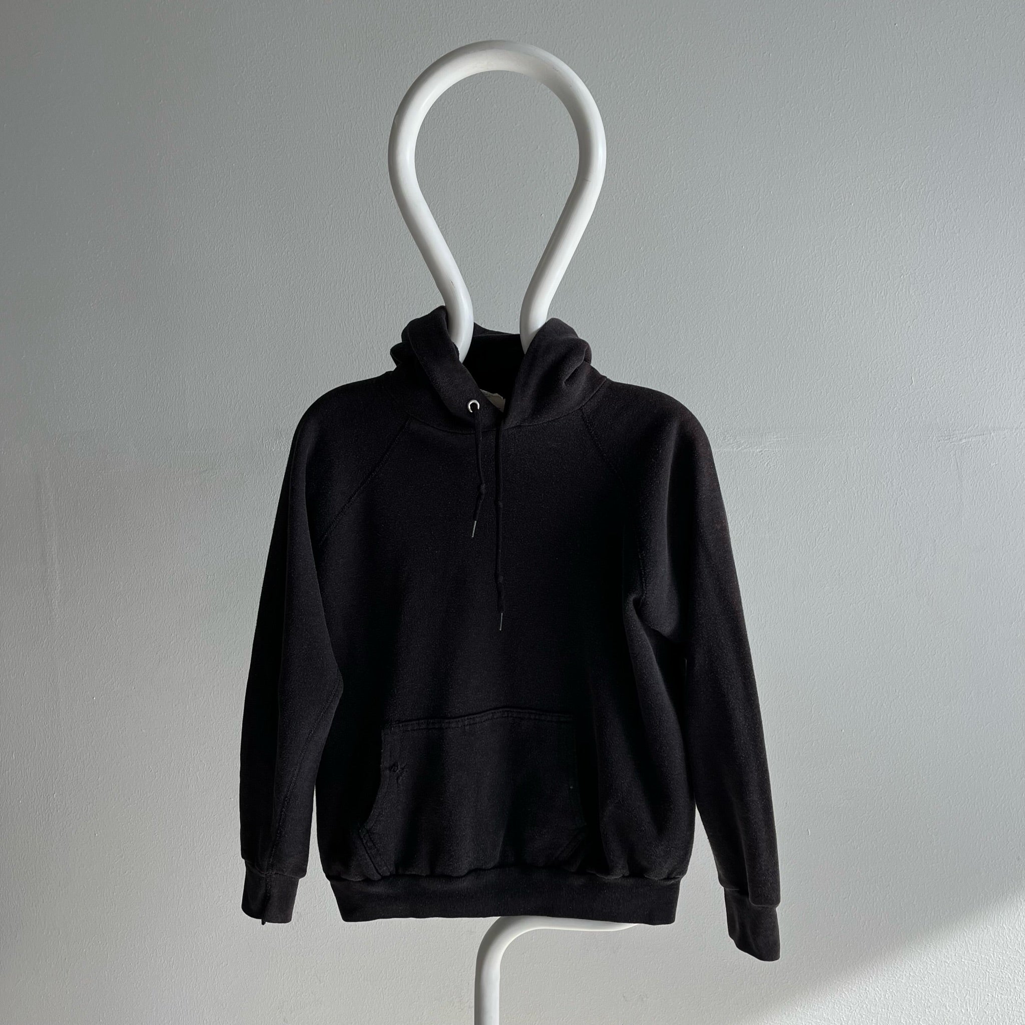 1980s Sun Faded Black Tultex Hoodie with Mending