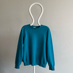 Sweat-shirt bleu sarcelle super usé, taché de peinture et fin des années 1980 par Lee